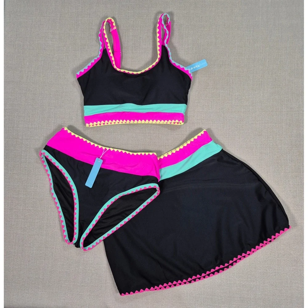 Popvil Womens 3 Piece Bikini Swim Skirt Set Black Pink Colorblock Ric Rac Size S